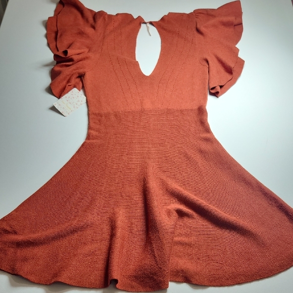 Free People Rust Red Knit Flutter Sleeve Dress NWT $148 Size S - Picture 8 of 12
